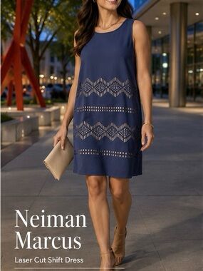 Neiman Marcus Navy Laser-Cut Sleeveless Shift Dress